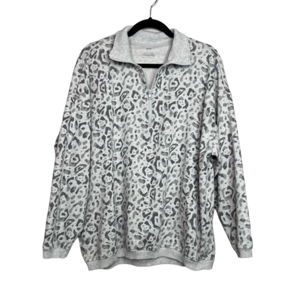 AERIE Gray Leopard Print Half Zip Oversized Pullover Sweatshirt size Medium